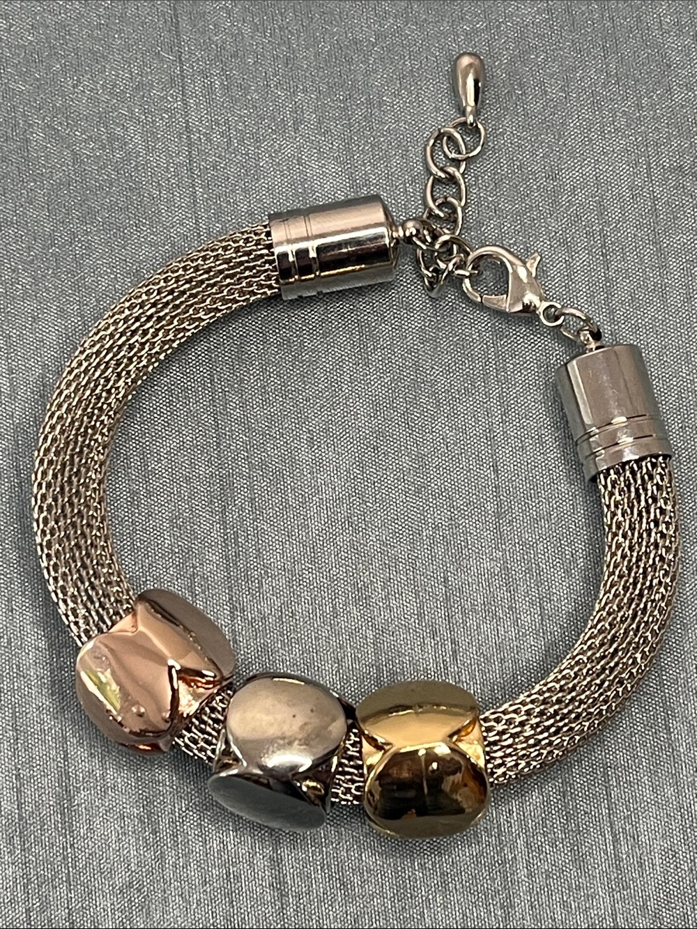 Three-Tone Tubular Mesh Bracelet with Cube Slide Charms